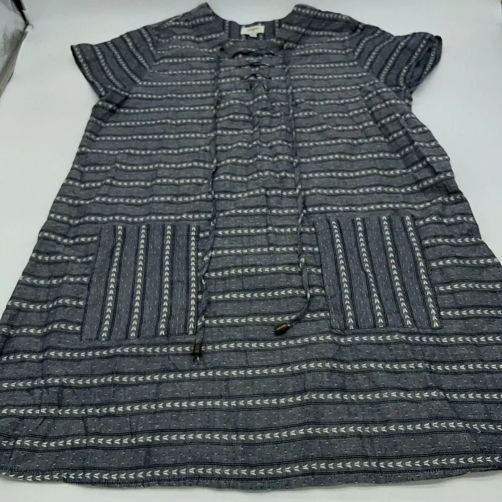 Umgee Blue White Striped Lace-Up Short Sleeve Mini Dress Women's Size Large